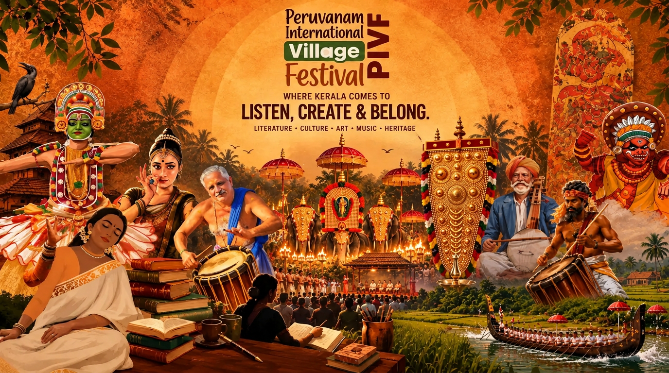 Peruvanam International Village Festival — Kerala temple art, Kathakali, Mohiniyattam, coconut palms and village celebration