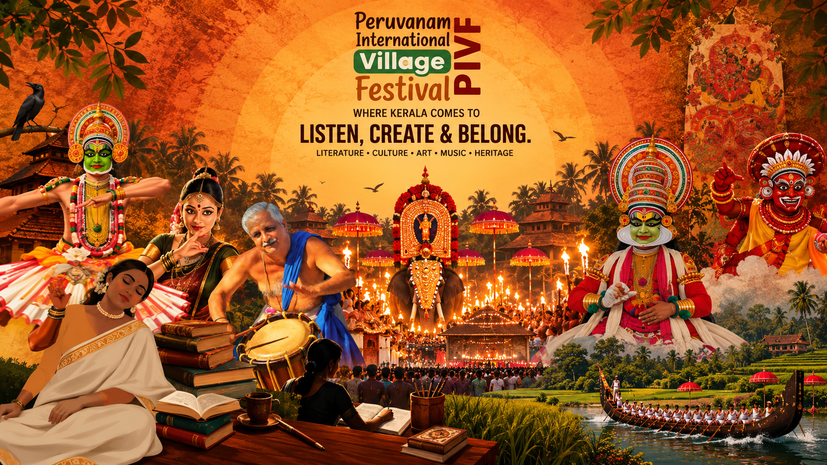 Peruvanam International Village Festival — Kerala in Harmony: Kathakali, Mohiniyattam, Theyyam, chenda, temple pooram procession, snake boat and paddy fields